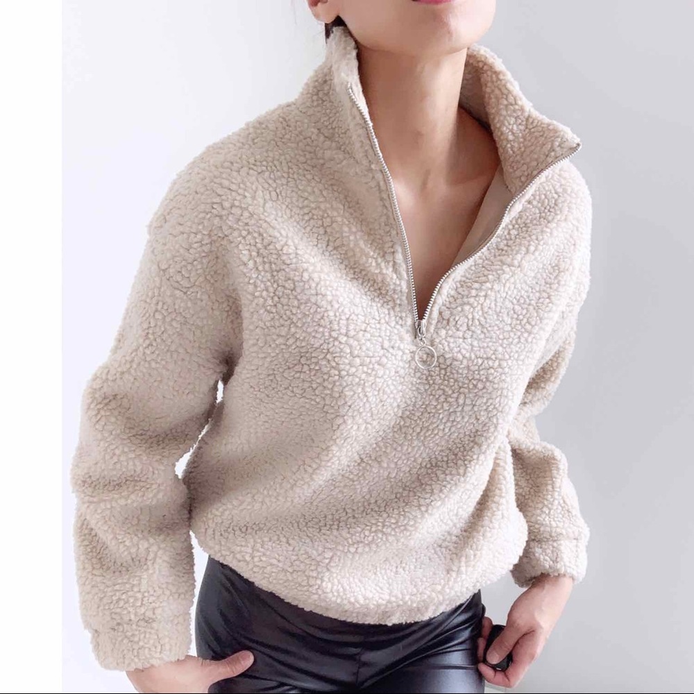 COZY SHERPA QUATER ZIP UP PULLOVER - TAUPE - Picture 5 of 8